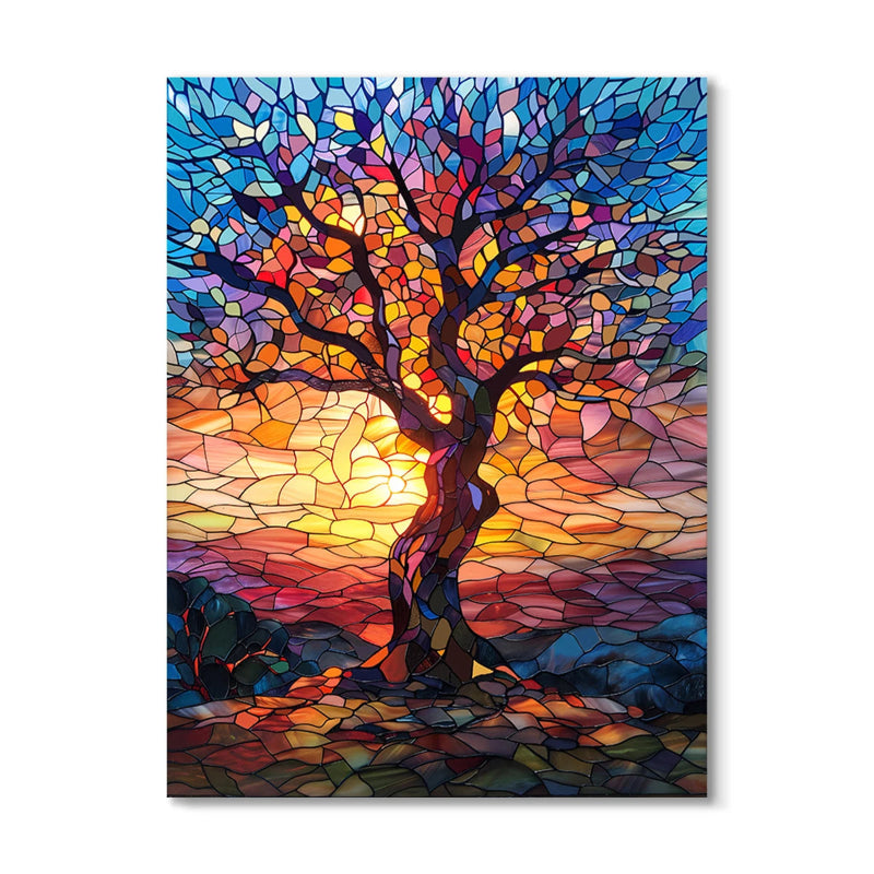 A majestic tree in a stained glass mosaic style, with branches transitioning from cool midnight blues to fiery sunset oranges and reds.