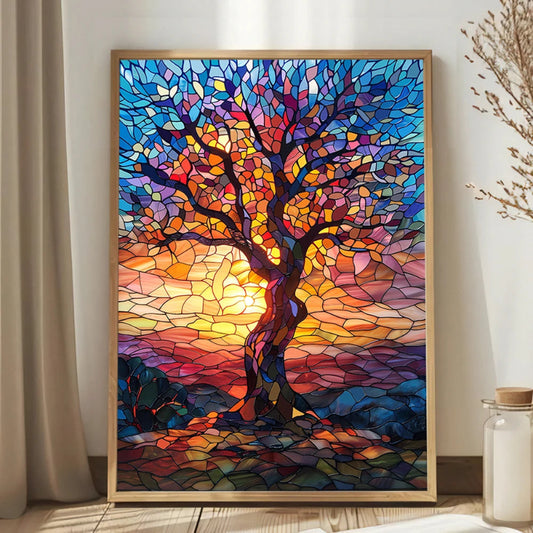 A majestic tree in a stained glass mosaic style, with branches transitioning from cool midnight blues to fiery sunset oranges and reds.