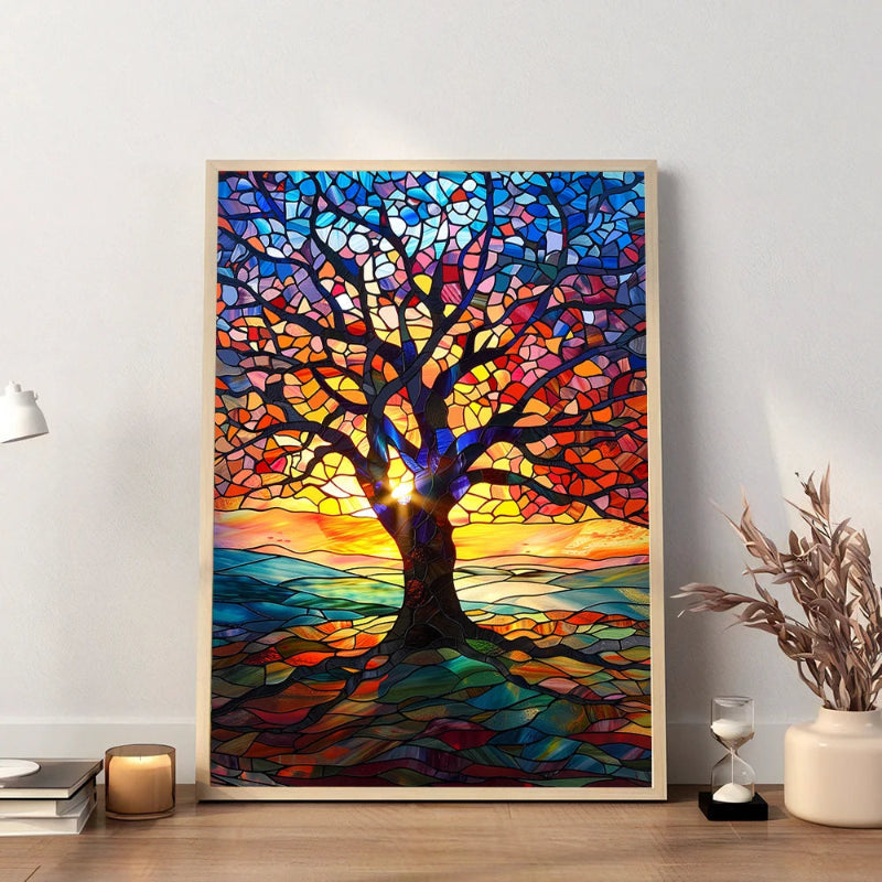 A majestic tree in a stained glass mosaic style, with branches transitioning from cool midnight blues to fiery sunset oranges and reds.