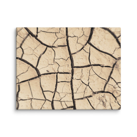 Close-up aerial view of parched, cracked mudflat with intricate patterns of deep fissures and polygonal shapes in warm beige and brown tones.
