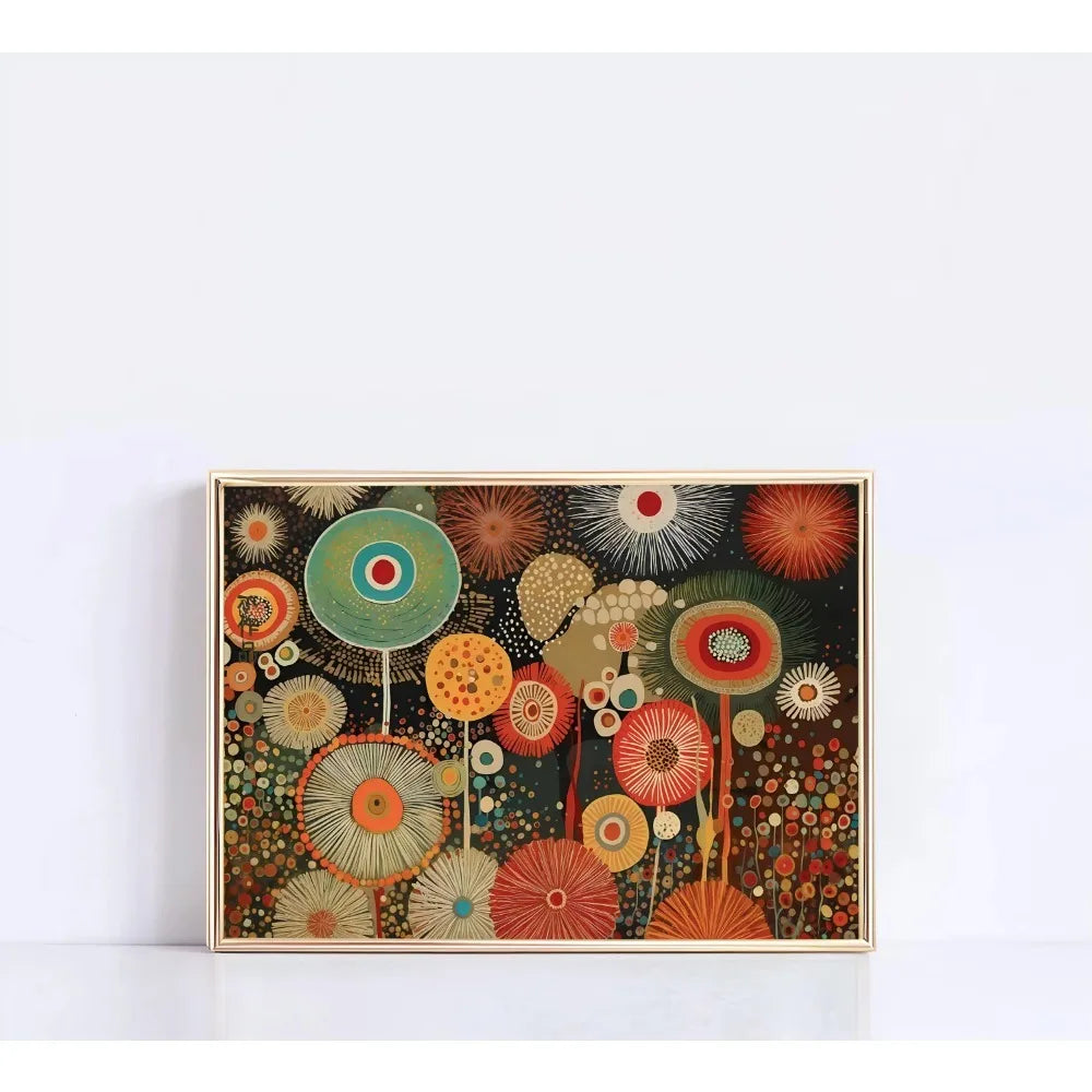 Natural motifs through a distinctive pointillist technique, where countless small dots and specks create textured, vibrant forms.