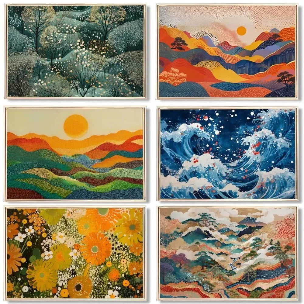 Natural motifs through a distinctive pointillist technique, where countless small dots and specks create textured, vibrant forms.