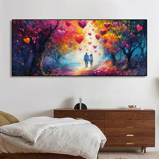 Couples in idyllic, colorful autumnal settings—from city overlooks with falling leaves to rainy park strolls and fantastical heart-adorned paths.