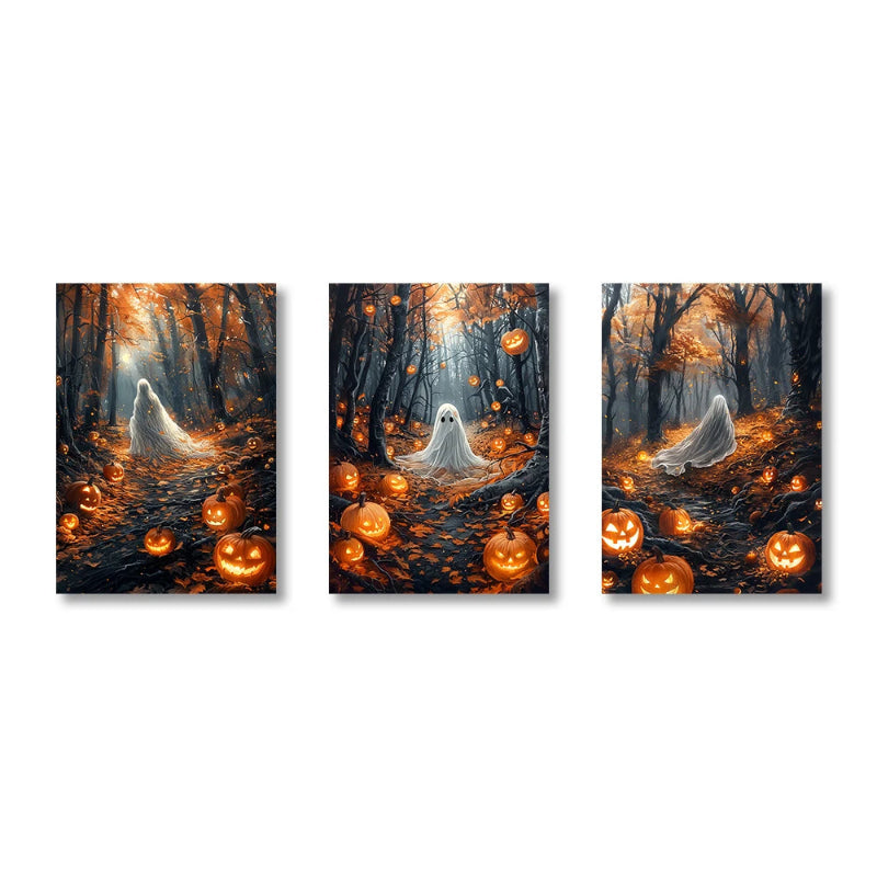 A captivating series of three triptych prints blending eerie and whimsical Halloween themes.