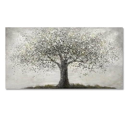 This captivating canvas print depicts a solitary, ancient tree with a textured, gnarled trunk rising from a subtle grassy base.