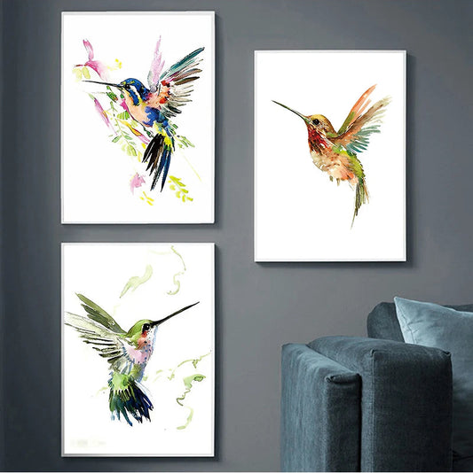 Captivating abstract watercolor prints celebrating avian elegance in jewel-toned splendor.