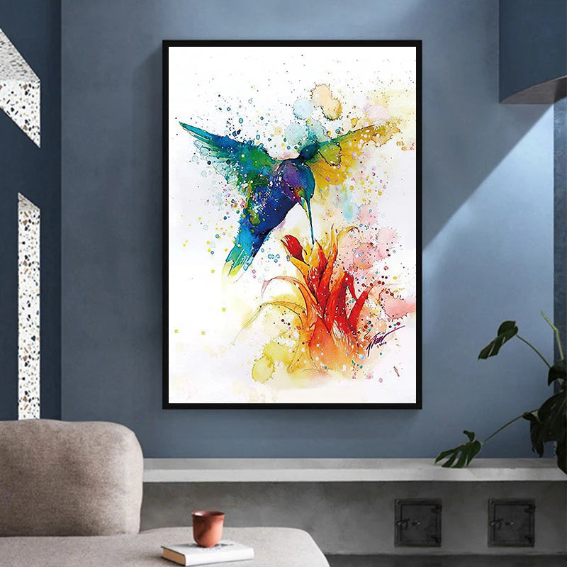 Captivating abstract watercolor prints celebrating avian elegance in jewel-toned splendor.
