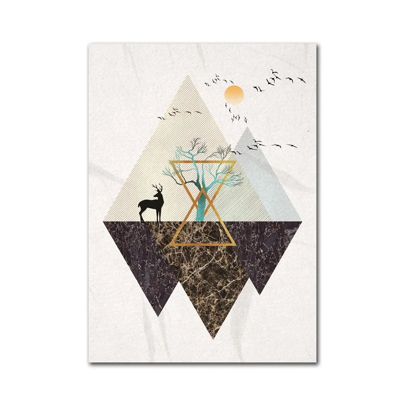 A pair of evocative digital collages portraying inverted triangular mountain landscapes with richly veined marble textures in earthy teal, brown, and gold tones.