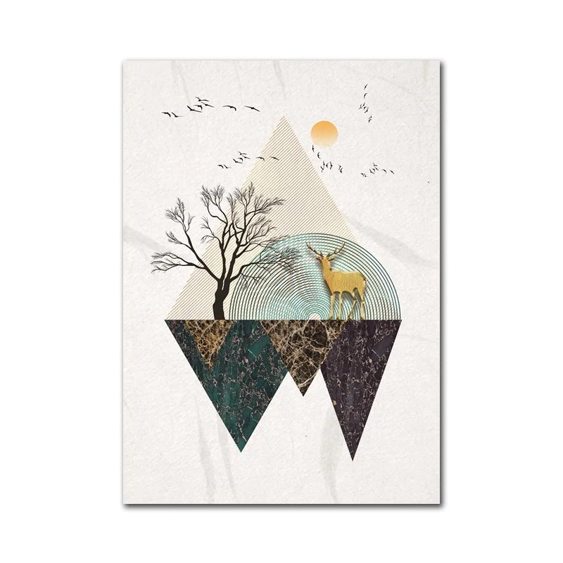 A pair of evocative digital collages portraying inverted triangular mountain landscapes with richly veined marble textures in earthy teal, brown, and gold tones.