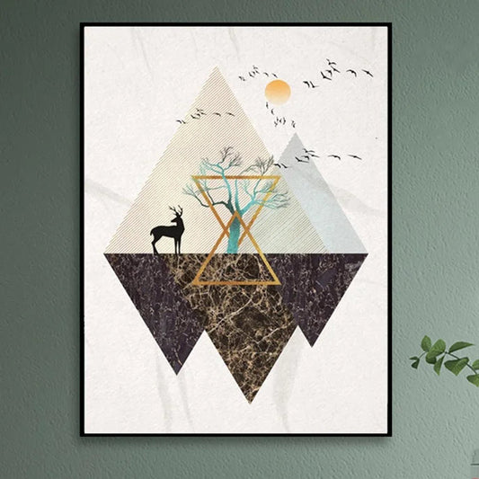 A pair of evocative digital collages portraying inverted triangular mountain landscapes with richly veined marble textures in earthy teal, brown, and gold tones.