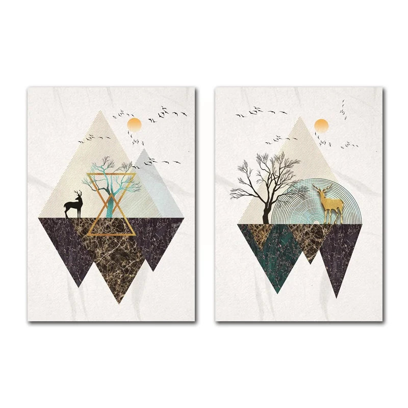 A pair of evocative digital collages portraying inverted triangular mountain landscapes with richly veined marble textures in earthy teal, brown, and gold tones.