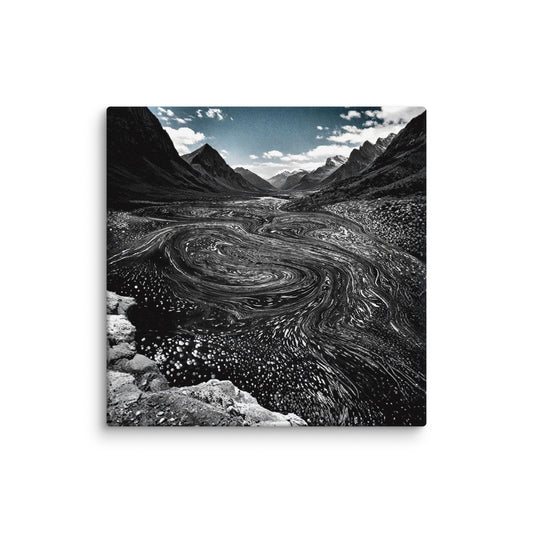 Black-and-white aerial view of a dramatic glacial river carving through rugged mountain valleys.