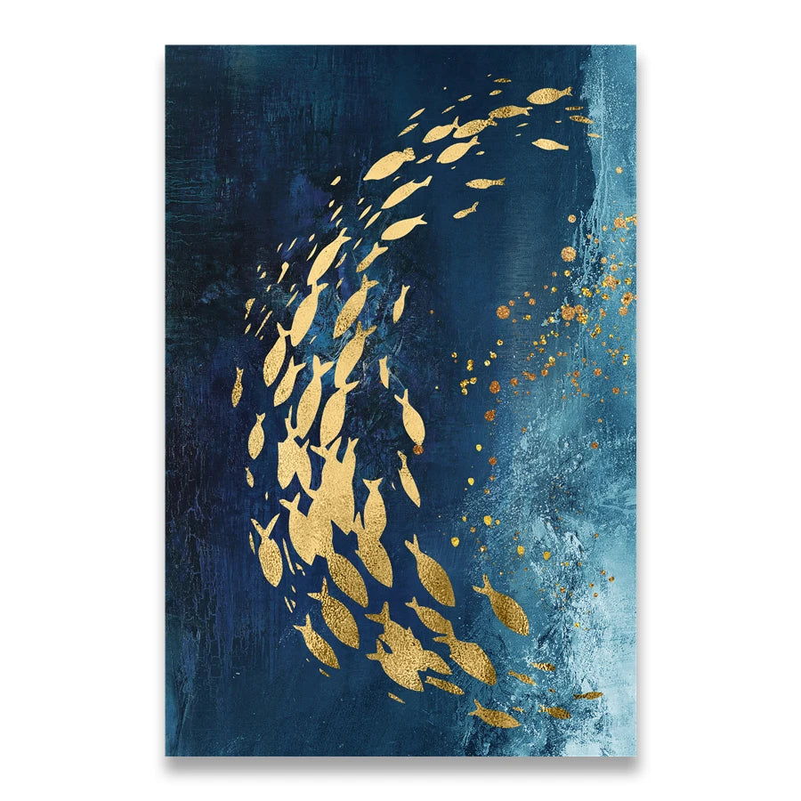 A mesmerizing school of golden fish swirling through deep blue oceanic depths.