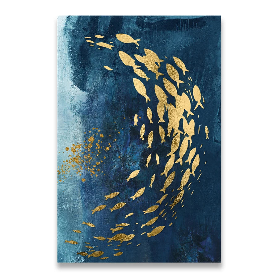 A mesmerizing school of golden fish swirling through deep blue oceanic depths.