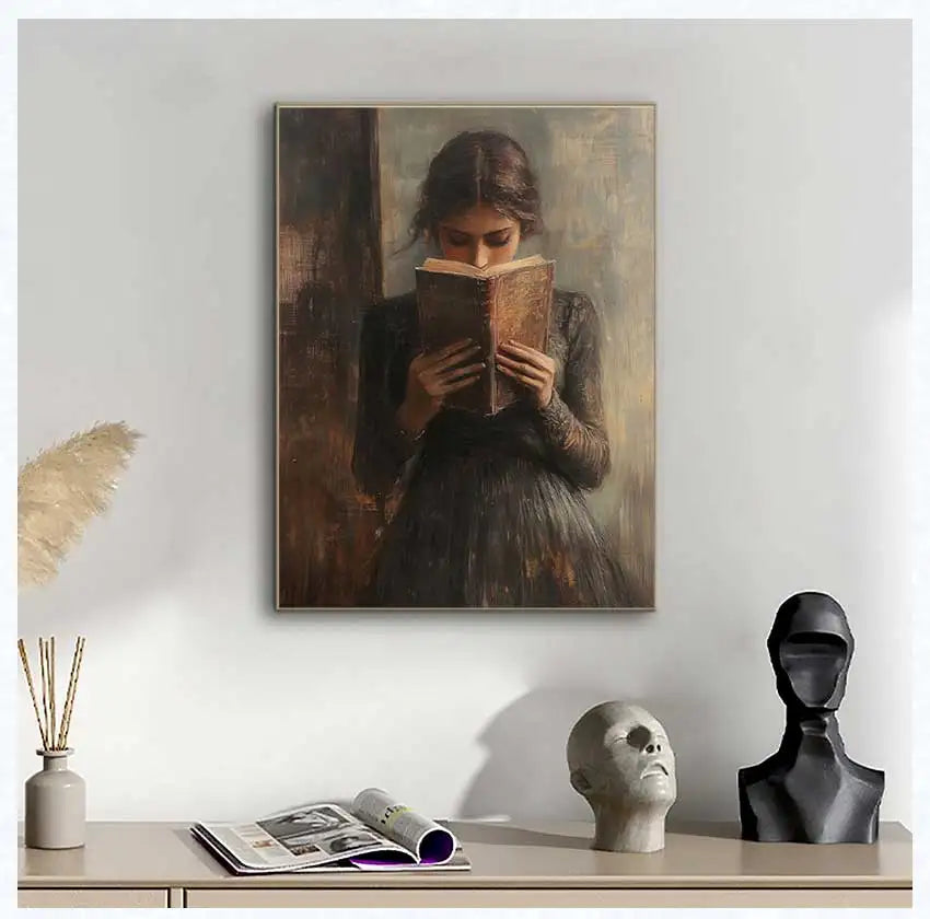 This evocative oil-style painting captures a young woman with dark hair.
