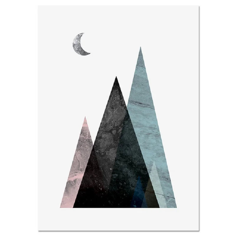 A trio of serene, minimalist digital illustrations depicting stylized triangular mountain ranges with textured, marble-veined surfaces in muted earth and cool tones.