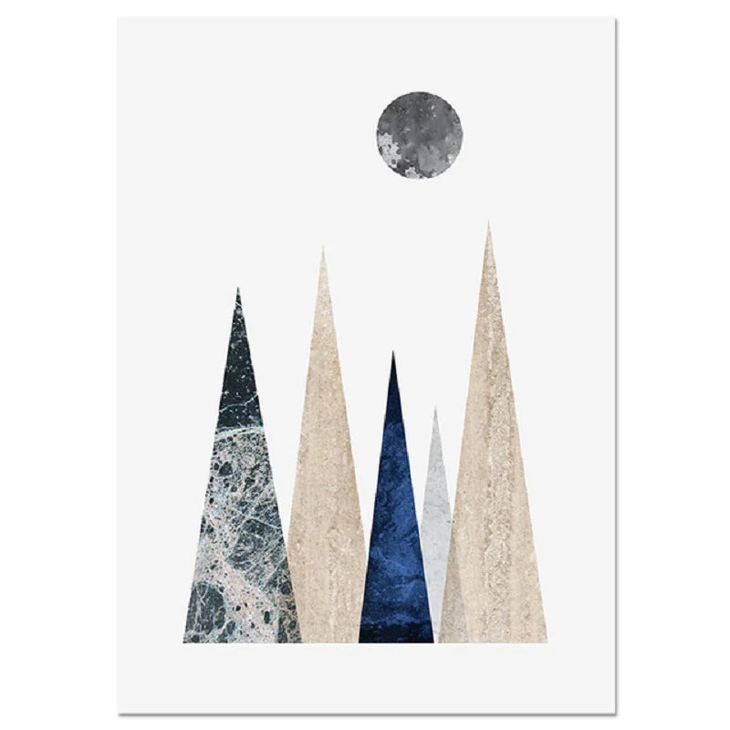 A trio of serene, minimalist digital illustrations depicting stylized triangular mountain ranges with textured, marble-veined surfaces in muted earth and cool tones.