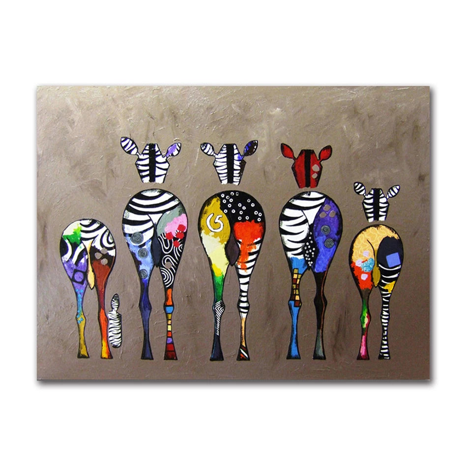 Vibrant abstract artwork depicting whimsical lineup of stylized zebras viewed from behind.