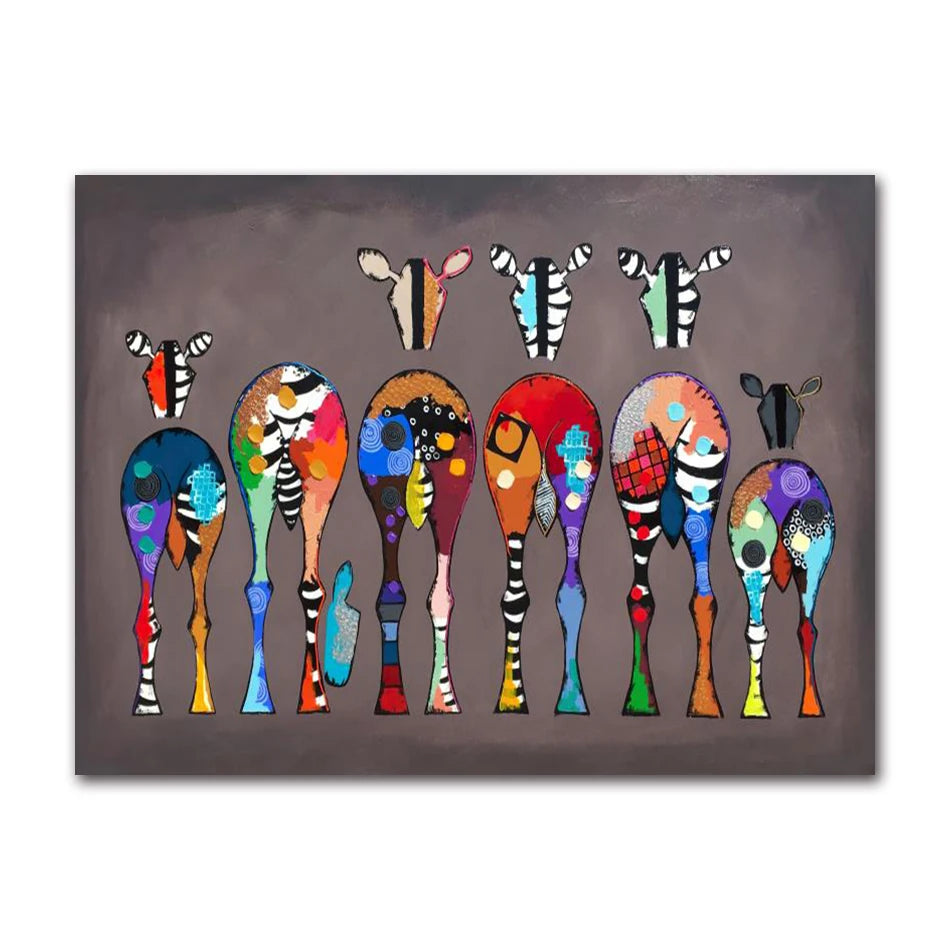 Vibrant abstract artwork depicting whimsical lineup of stylized zebras viewed from behind.