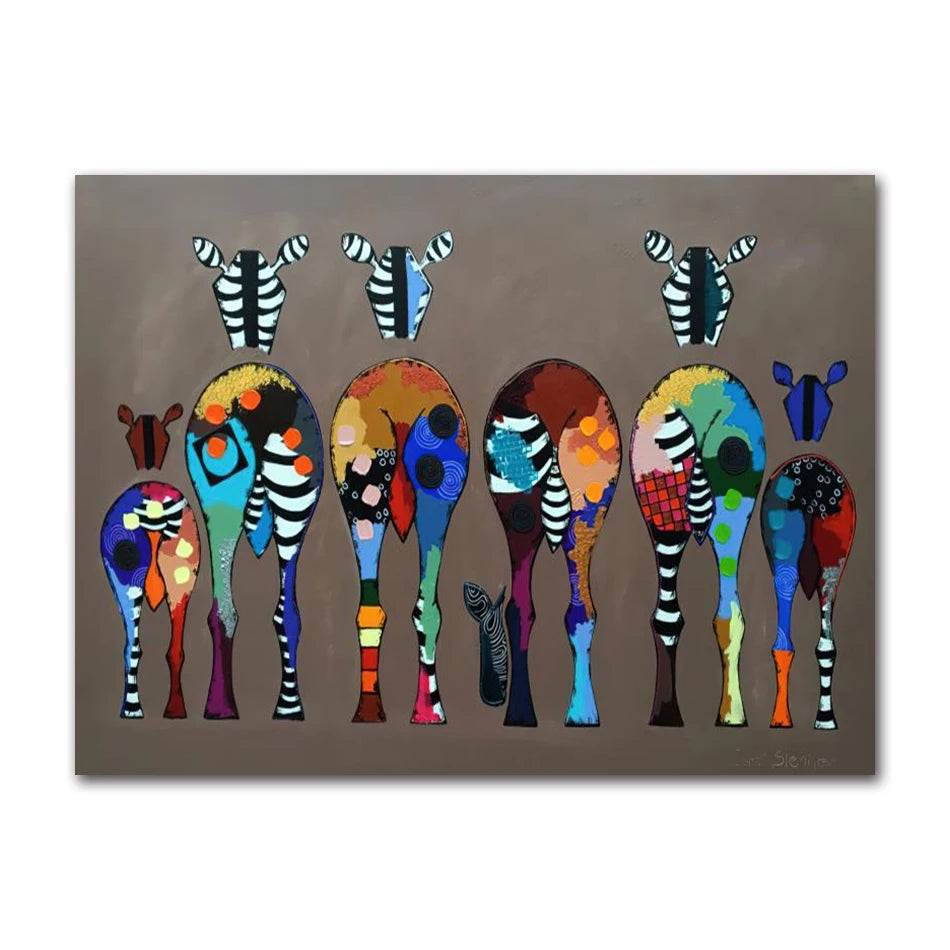 Vibrant abstract artwork depicting whimsical lineup of stylized zebras viewed from behind.