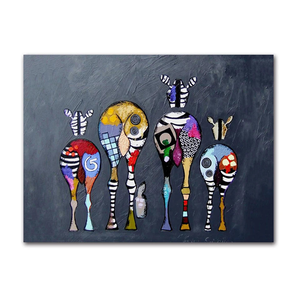 Vibrant abstract artwork depicting whimsical lineup of stylized zebras viewed from behind.