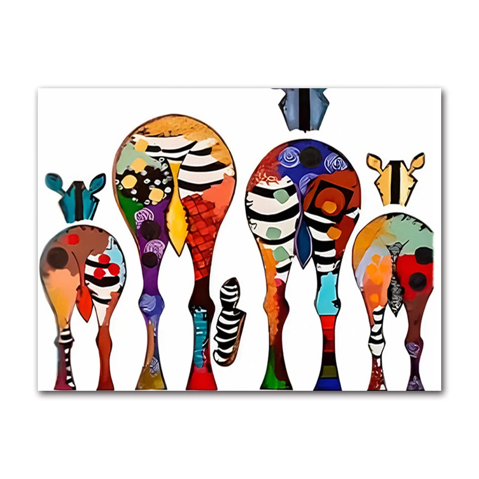 Vibrant abstract artwork depicting whimsical lineup of stylized zebras viewed from behind.