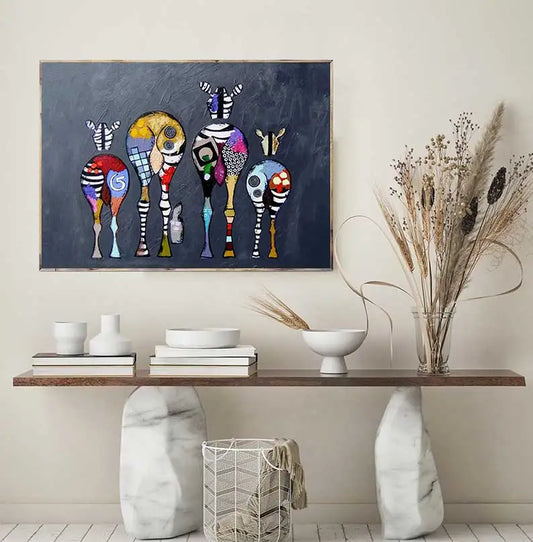 Vibrant abstract artwork depicting whimsical lineup of stylized zebras viewed from behind.