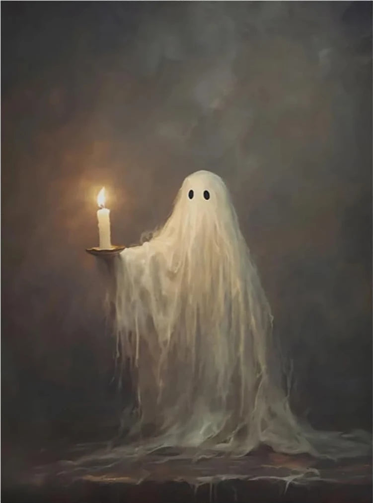 Quiet Moments of a Lonely Ghost is a fun and a little sad collection of pictures about a cute ghost who looks like it's wearing a white sheet with two big black dot eyes.