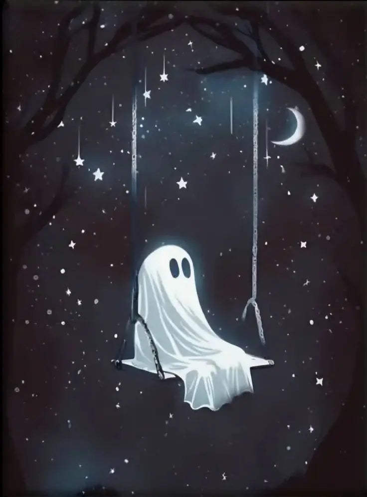 Quiet Moments of a Lonely Ghost is a fun and a little sad collection of pictures about a cute ghost who looks like it's wearing a white sheet with two big black dot eyes.