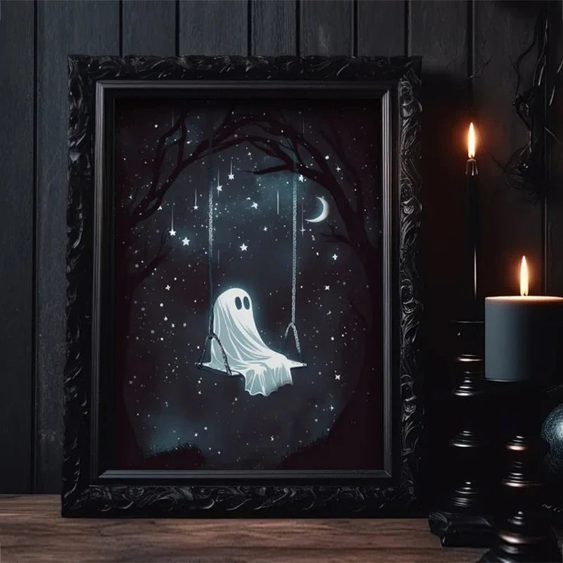 Quiet Moments of a Lonely Ghost is a fun and a little sad collection of pictures about a cute ghost who looks like it's wearing a white sheet with two big black dot eyes.