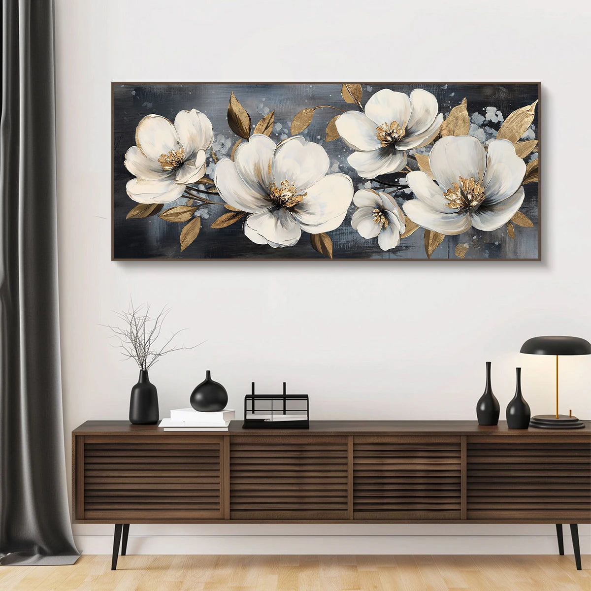 Elegant Ivory and Ebony Blooms with Gold Accents