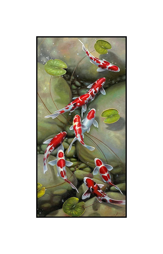 Stylized, ethereal koi in swirling formations.