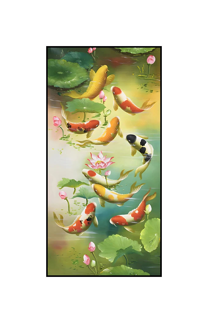 Stylized, ethereal koi in swirling formations.