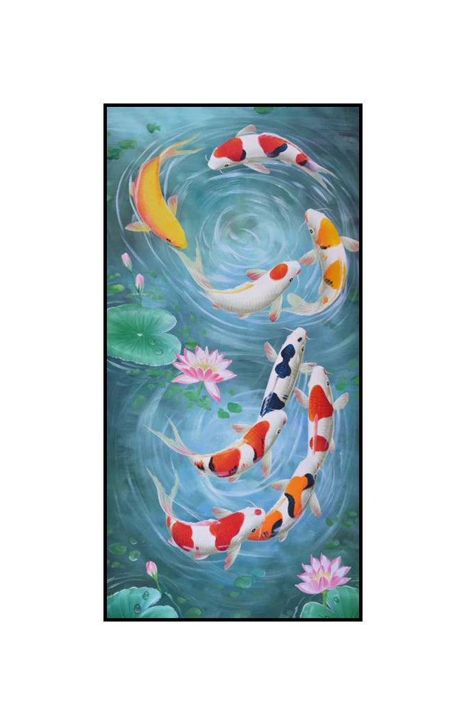 Stylized, ethereal koi in swirling formations.
