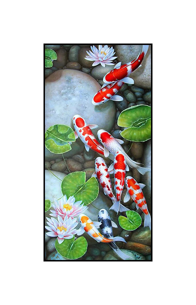 Stylized, ethereal koi in swirling formations.