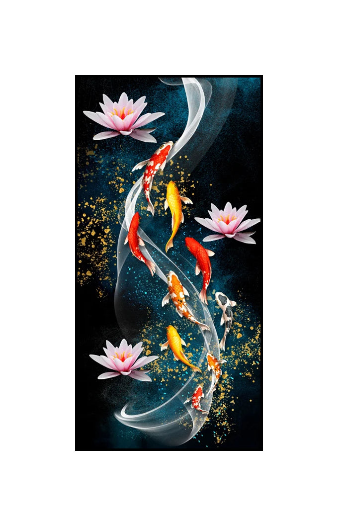 Stylized, ethereal koi in swirling formations.