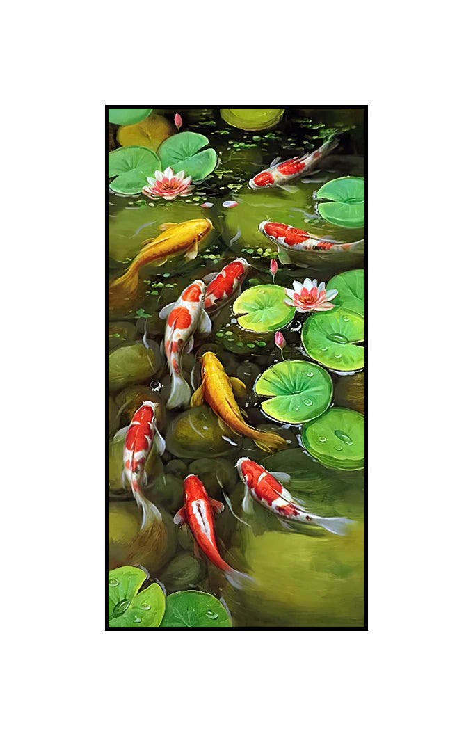 Stylized, ethereal koi in swirling formations.