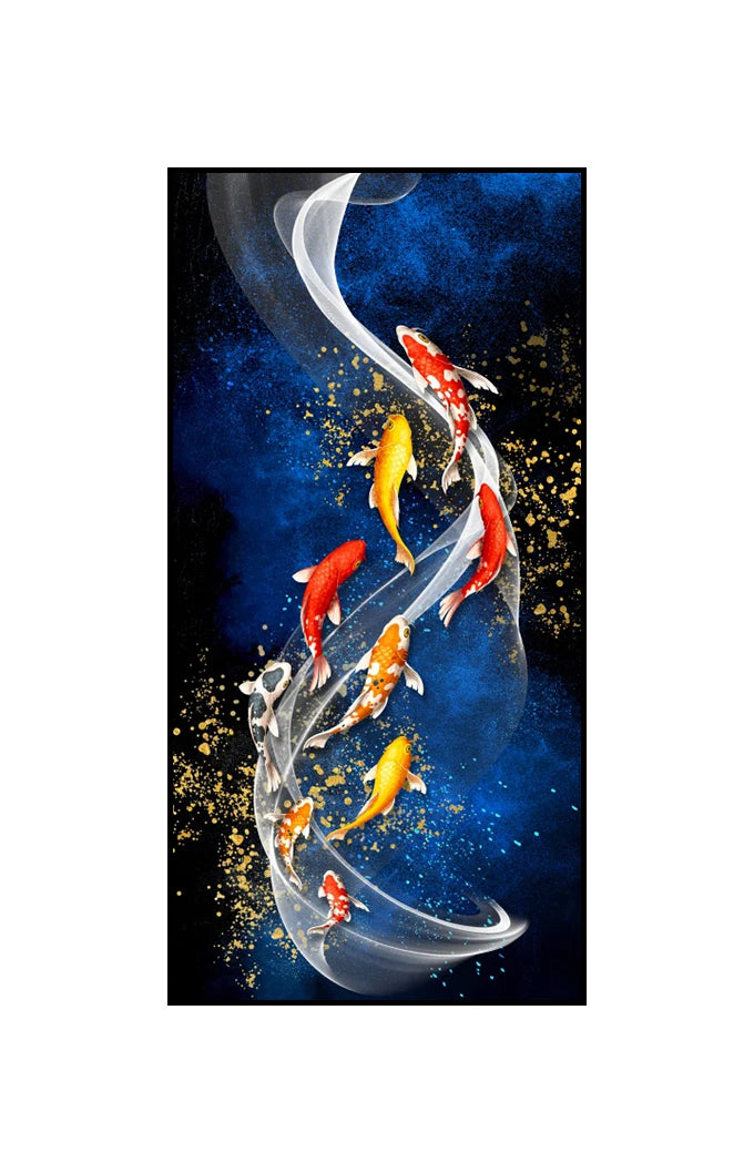 Stylized, ethereal koi in swirling formations.