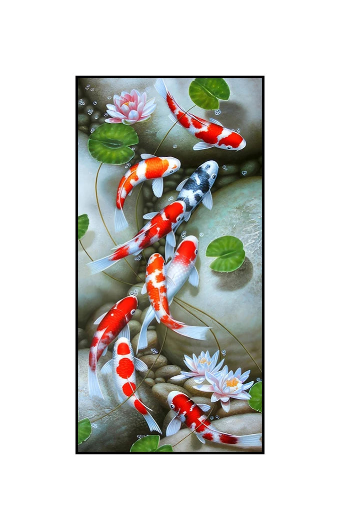 Stylized, ethereal koi in swirling formations.