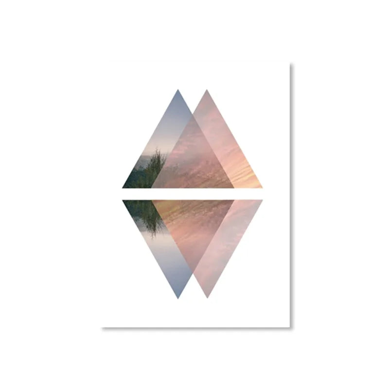 A collection of three abstract digital illustrations utilizing geometric triangular shapes to evoke serene natural landscapes: cascading mosaic peaks with a glowing sun.