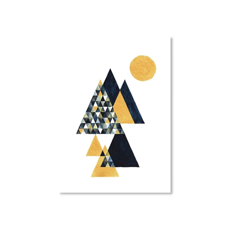 A collection of three abstract digital illustrations utilizing geometric triangular shapes to evoke serene natural landscapes: cascading mosaic peaks with a glowing sun.