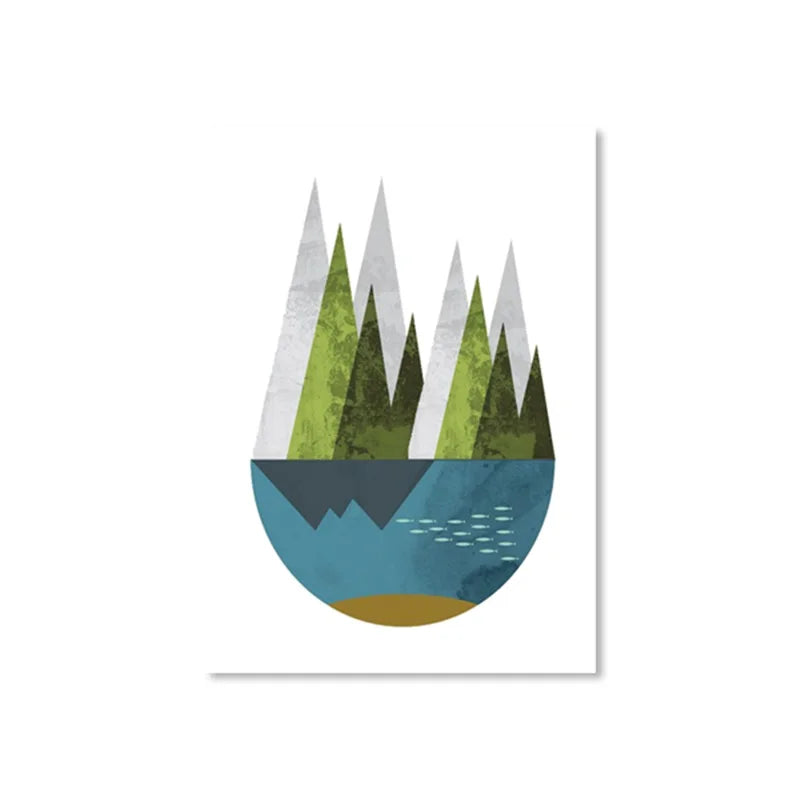A collection of three abstract digital illustrations utilizing geometric triangular shapes to evoke serene natural landscapes: cascading mosaic peaks with a glowing sun.