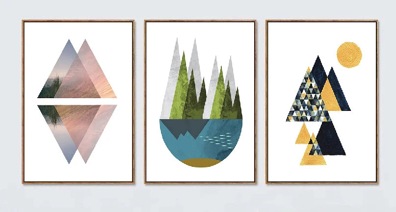 A collection of three abstract digital illustrations utilizing geometric triangular shapes to evoke serene natural landscapes: cascading mosaic peaks with a glowing sun.