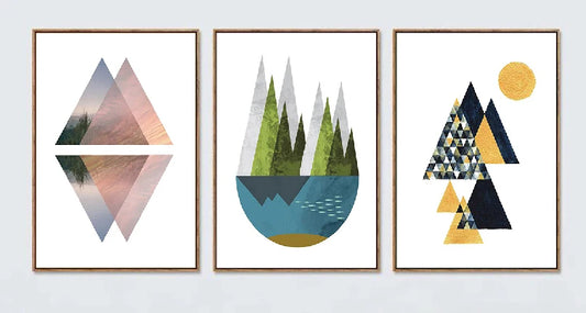 A collection of three abstract digital illustrations utilizing geometric triangular shapes to evoke serene natural landscapes: cascading mosaic peaks with a glowing sun.