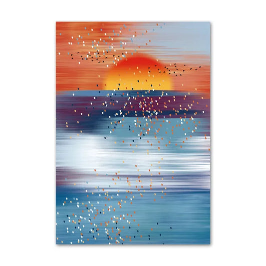 A mesmerizing digital artwork depicting a flock of silhouetted birds soaring across a vibrant sunset sky transitioning from fiery oranges to serene blues.