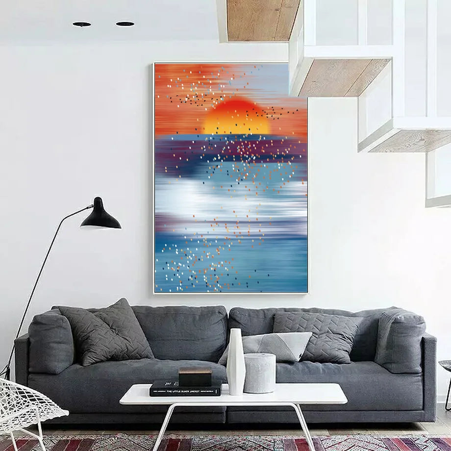 A mesmerizing digital artwork depicting a flock of silhouetted birds soaring across a vibrant sunset sky transitioning from fiery oranges to serene blues.