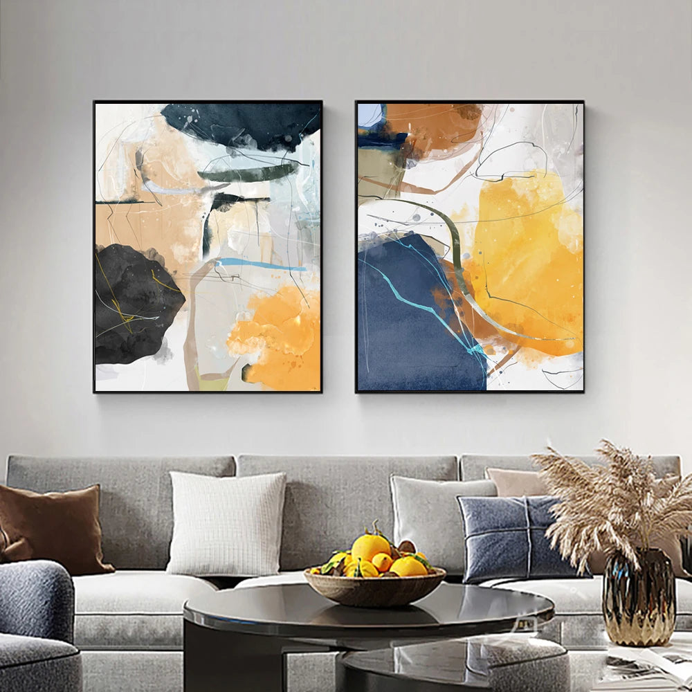 A trio of abstract artworks characterized by soft, watercolor-inspired blends of muted and vibrant hues.