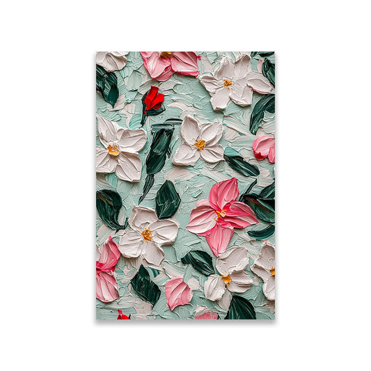 These images capture a series of close-up, textured floral artworks rendered in a thick impasto style.