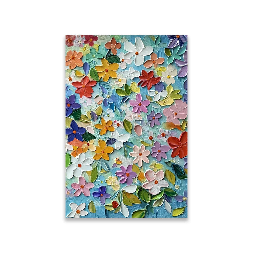These images capture a series of close-up, textured floral artworks rendered in a thick impasto style.