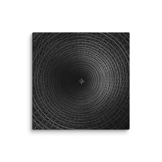 Monochromatic abstract of an immense, hypnotic spiral composed of countless fine, radiating lines.